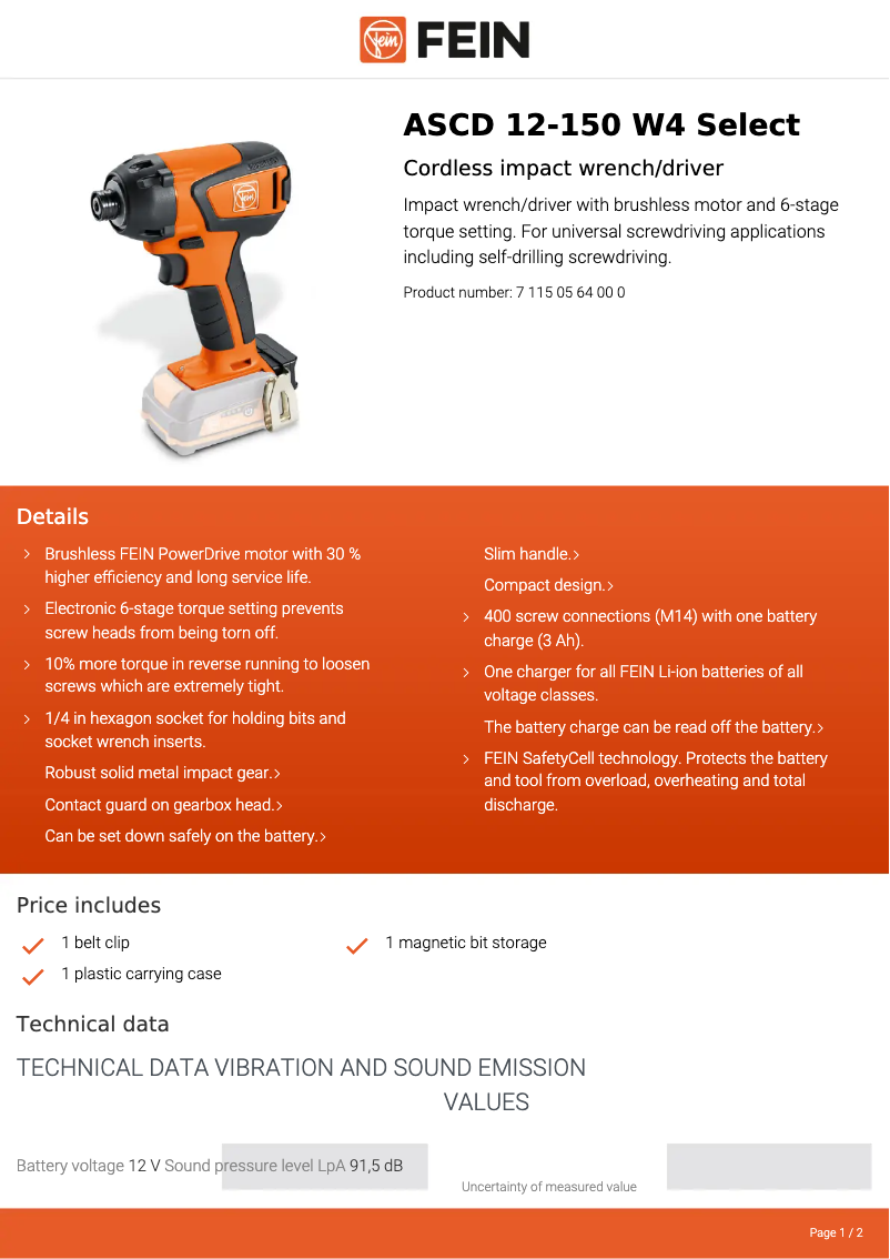 Page n°1 - Fiche technique Fein ASCD 12-150 W4 Select