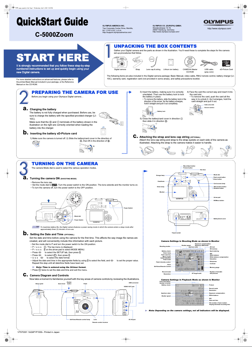 Page 1 de la notice Guide de démarrage rapide Olympus Camedia C-5500 Zoom