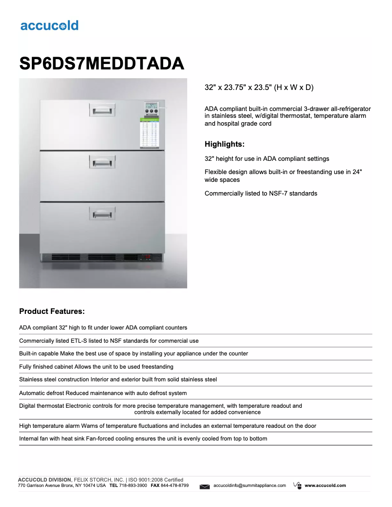 Page n°1 - Fiche technique Summit Accucold SP6DS7MEDDTADA