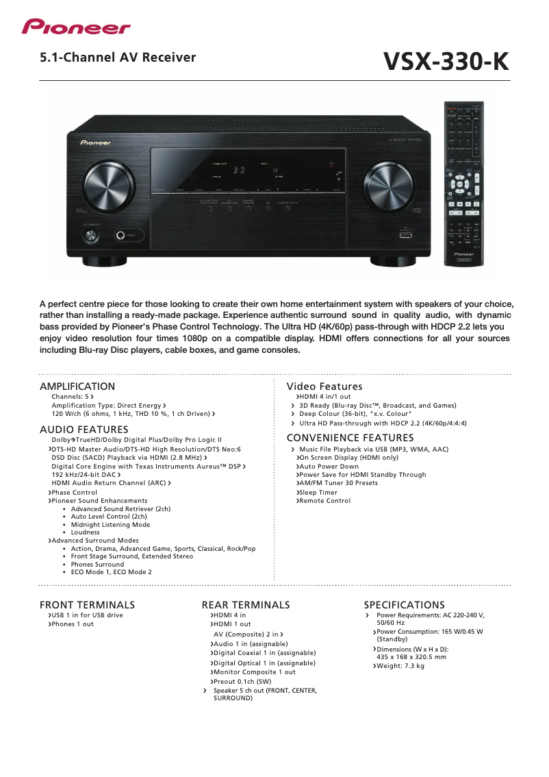 Page 1 de la notice Fiche technique Pioneer VSX-330