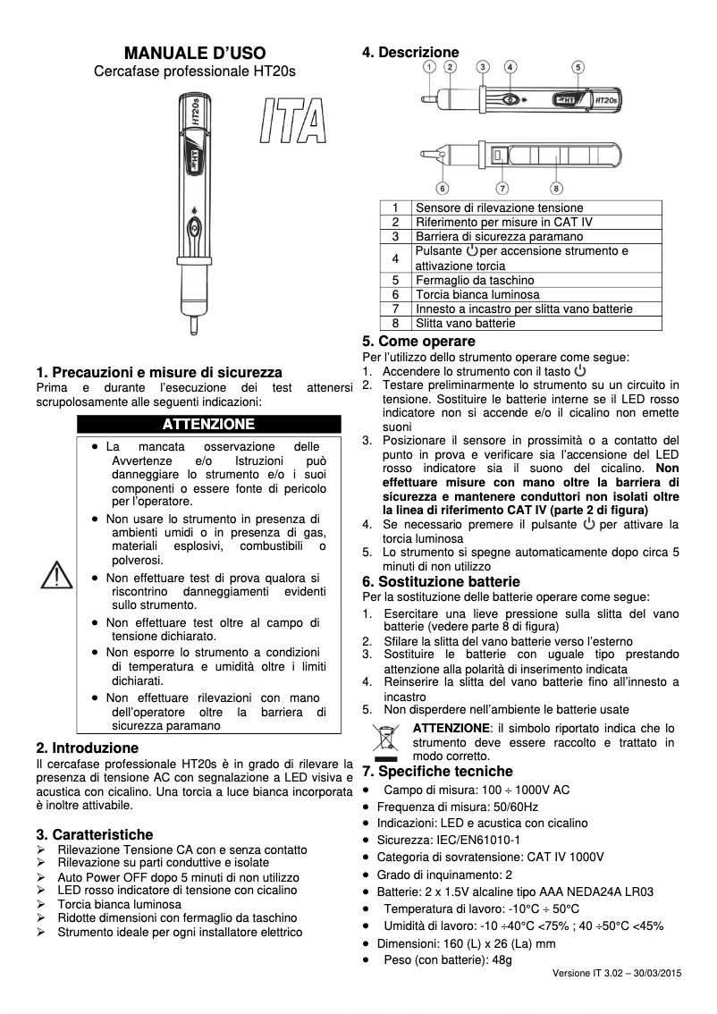 Page 1 de la notice Manuel utilisateur HT Instruments HT20S