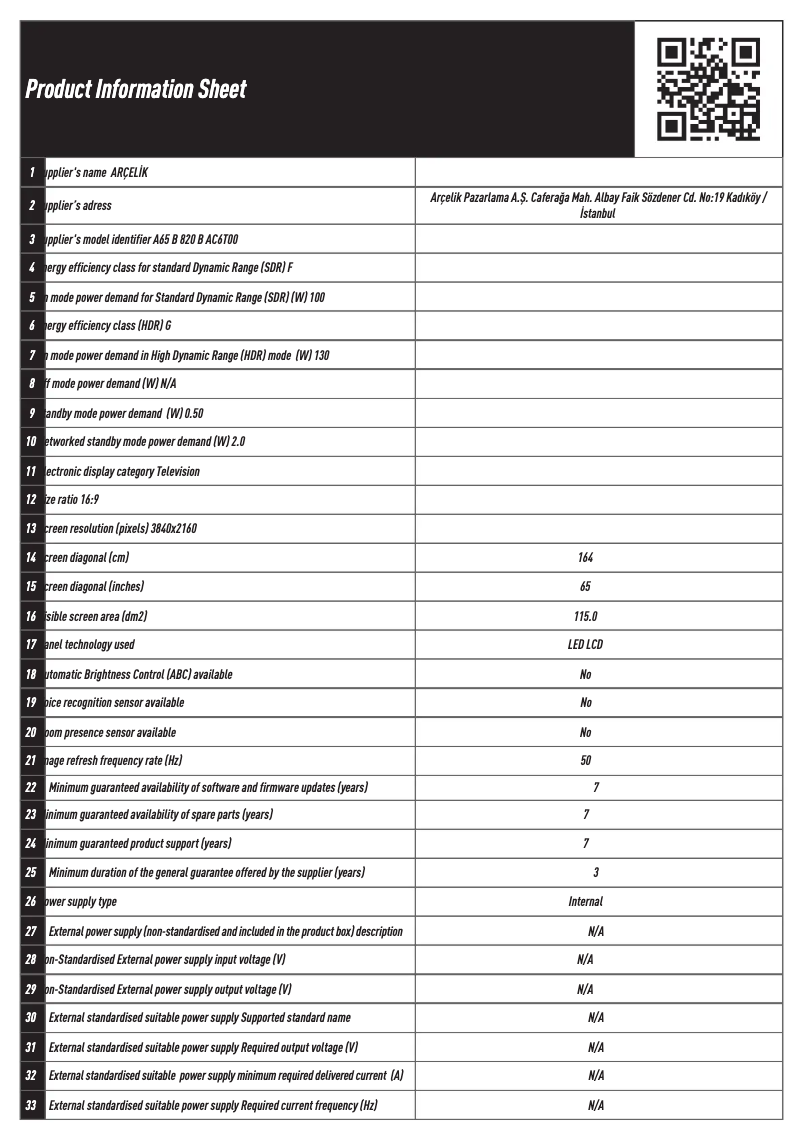 Page n°1 - Fiche technique Arçelik A65 B 820 B