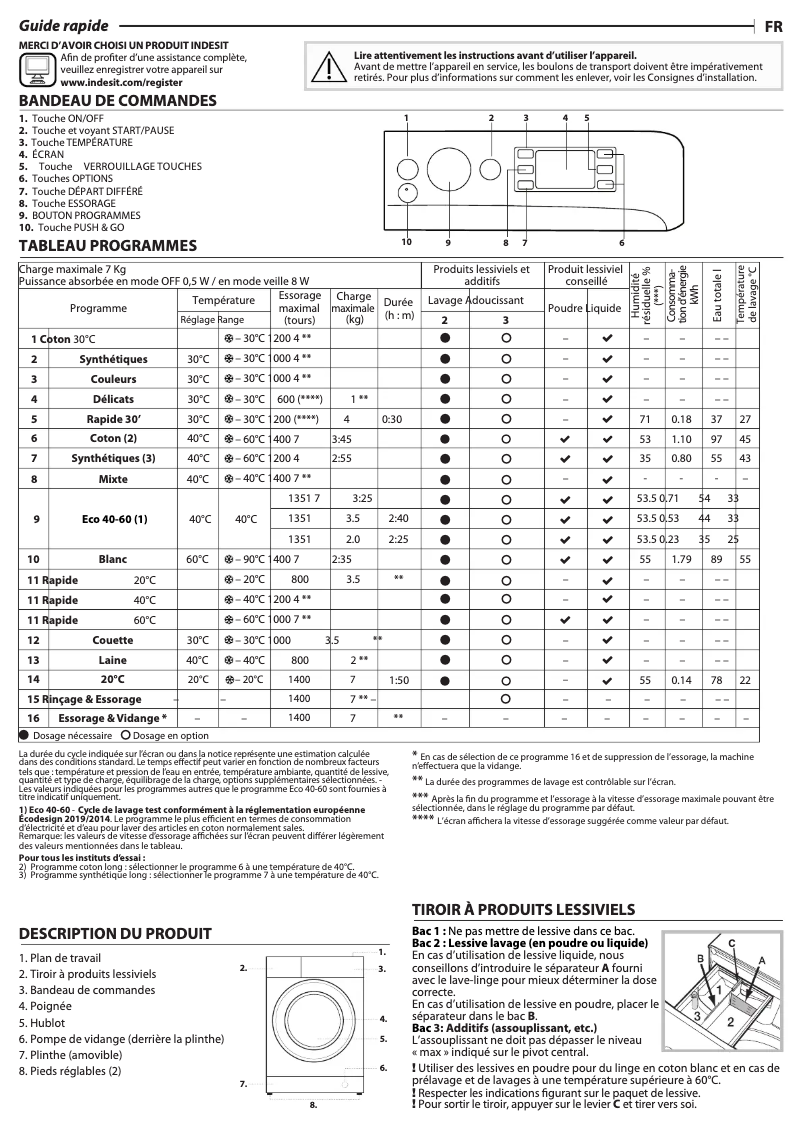 Page 1 de la notice Manuel utilisateur Indesit BWEBE 71485X WK N