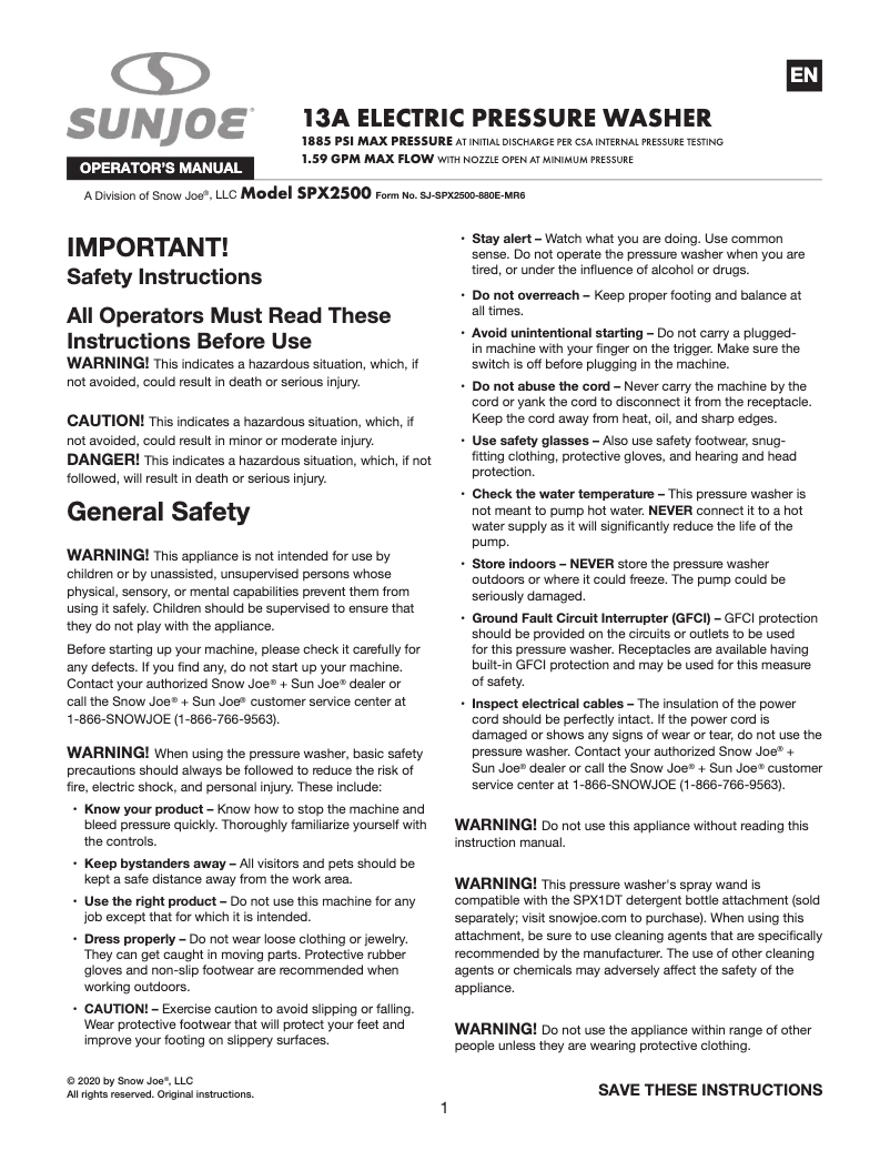 Page n°1 - Manuel utilisateur Sun Joe SPX2500