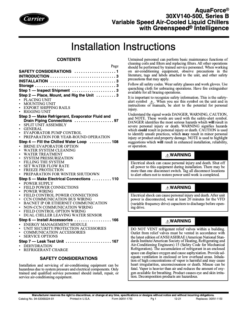 Page 1 de la notice Manuel utilisateur Carrier AquaForce 30XV