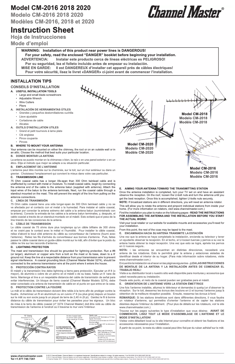 Page 1 de la notice Manuel utilisateur Channel Master CM 2016
