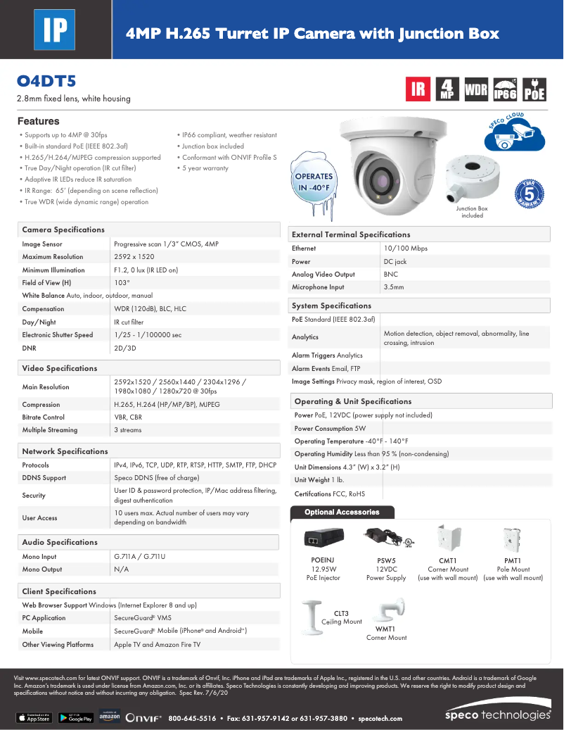 Page 1 de la notice Fiche technique Speco Technologies O4DT5