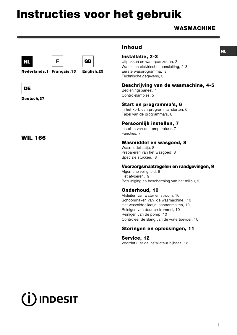 Page 1 de la notice Manuel utilisateur Indesit WIL 166 (NL)