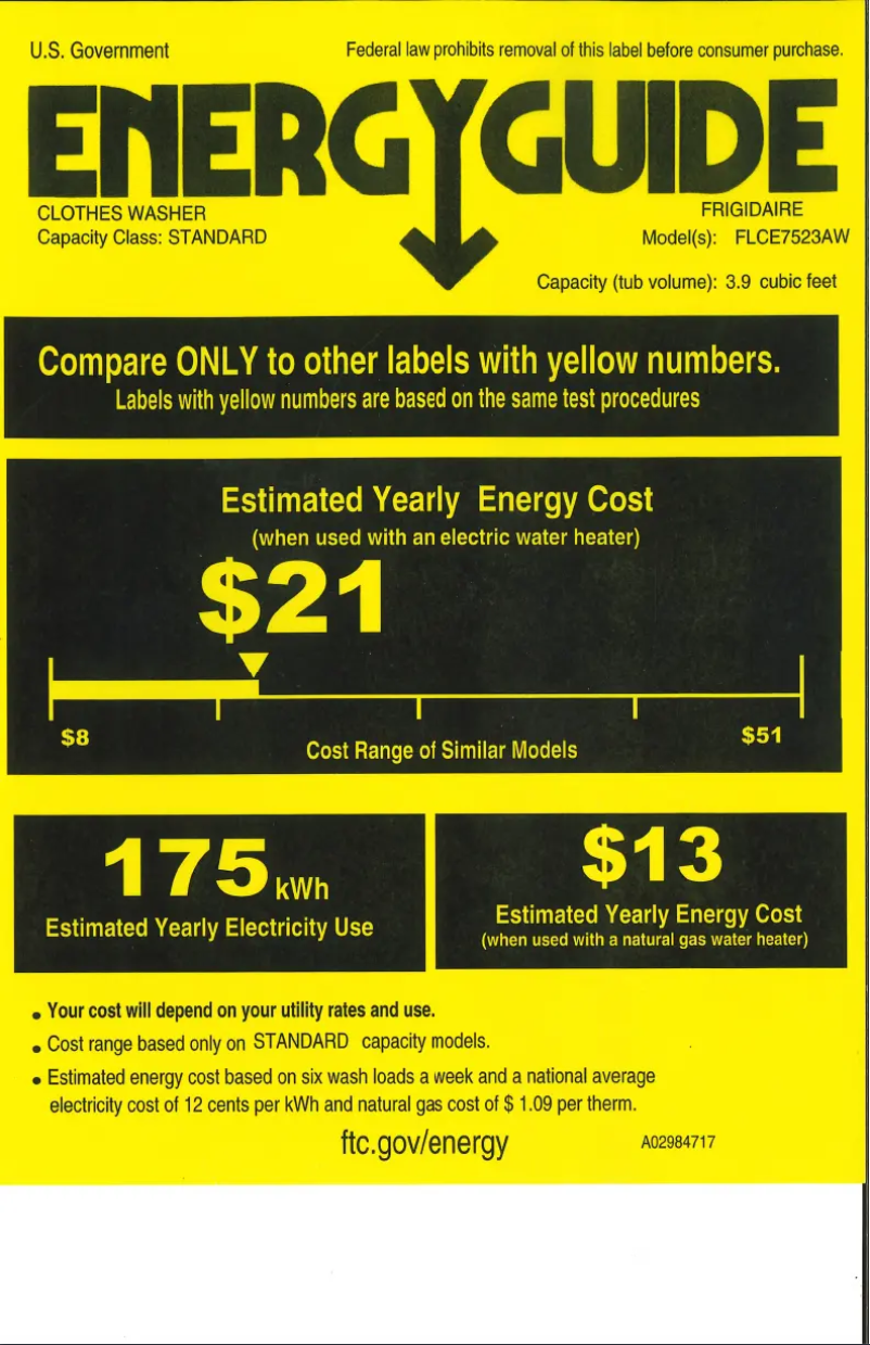 Page n°1 - Label énergétique Frigidaire FLCE7523AW