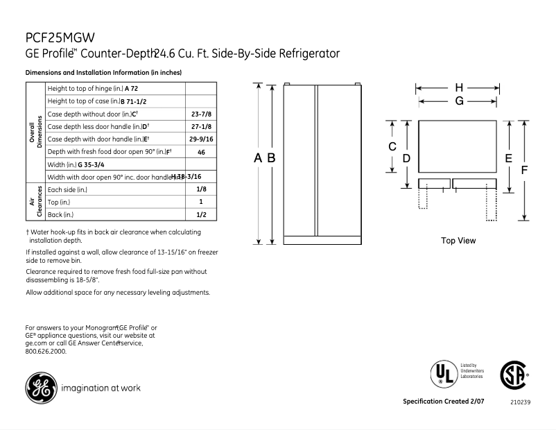 Page n°1 - Fiche technique GE Profile PCF25MGWWW