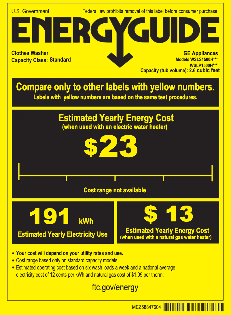 Page 1 of the manual Energy Label GE WSLS1500HWW