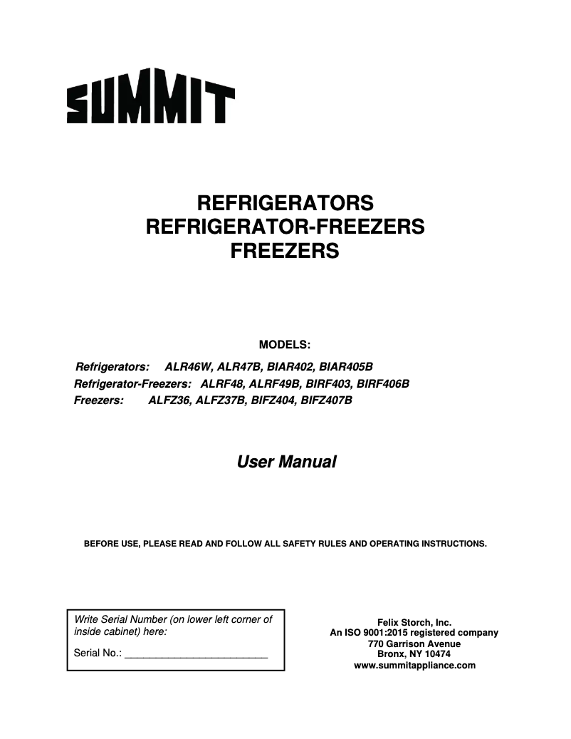 Page n°1 - Manuel d'utilisation et d'entretien Summit ALFZ36