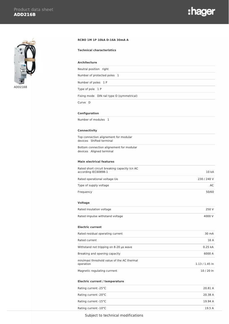 Page n°1 - Fiche technique Hager ADD216B