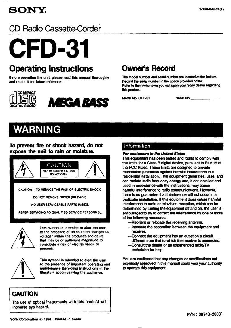 Page n°1 - Manuel utilisateur Sony CFD-31