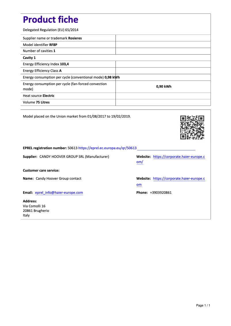 Page 1 de la notice Fiche technique Rosieres RF 8 P