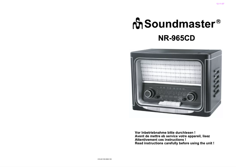 Page 1 de la notice Manuel utilisateur Soundmaster NR 965 CD