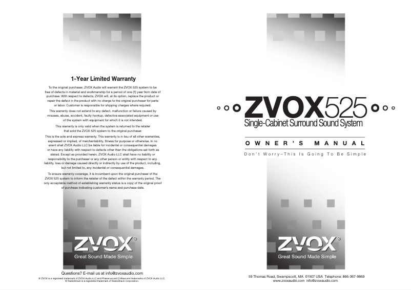 Page n°1 - Manuel utilisateur Zvox Z-Base 525