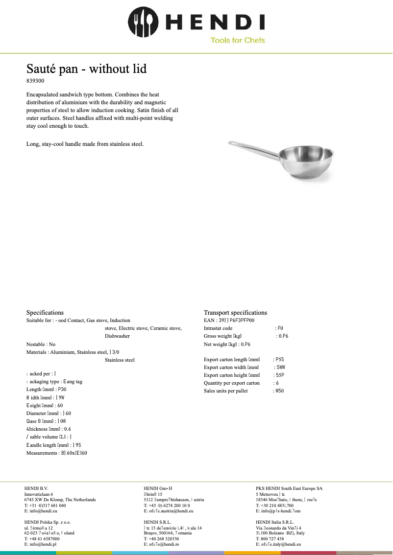 Page 1 de la notice Fiche technique Hendi 839409