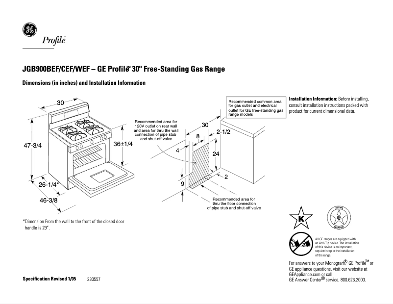 Page n°1 - Fiche technique GE Profile JGB900WEFWW