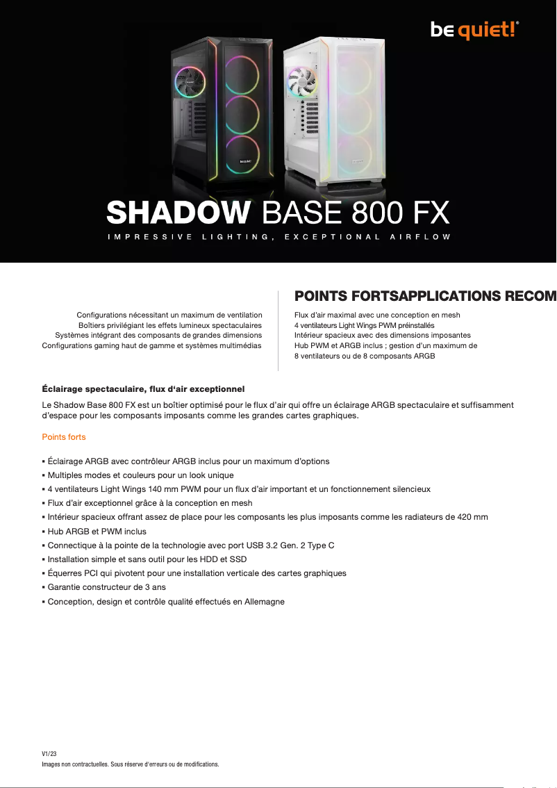 Page 1 de la notice Fiche technique Be Quiet! Shadow Base 800 FX