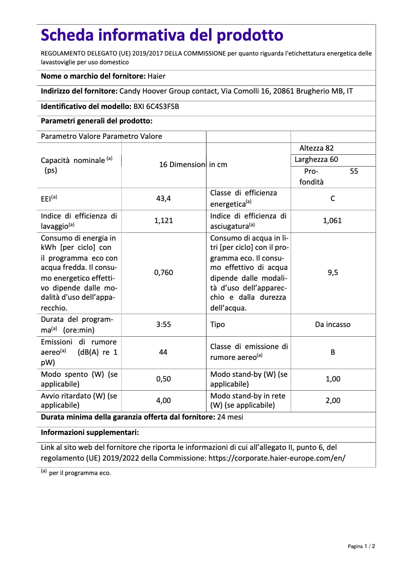 Page 1 de la notice Fiche technique Haier BXI 6C4S3FSB