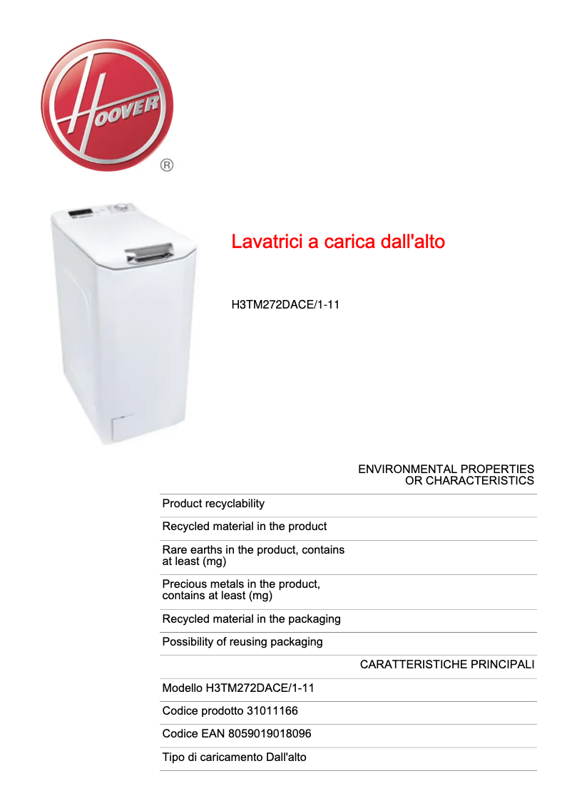 Page 1 de la notice Fiche technique Hoover H3TM272DACE/1-11