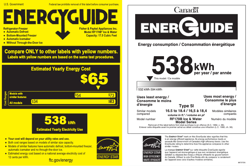 Page 1 de la notice Label énergétique Fisher & Paykel RF170BLPUX6N