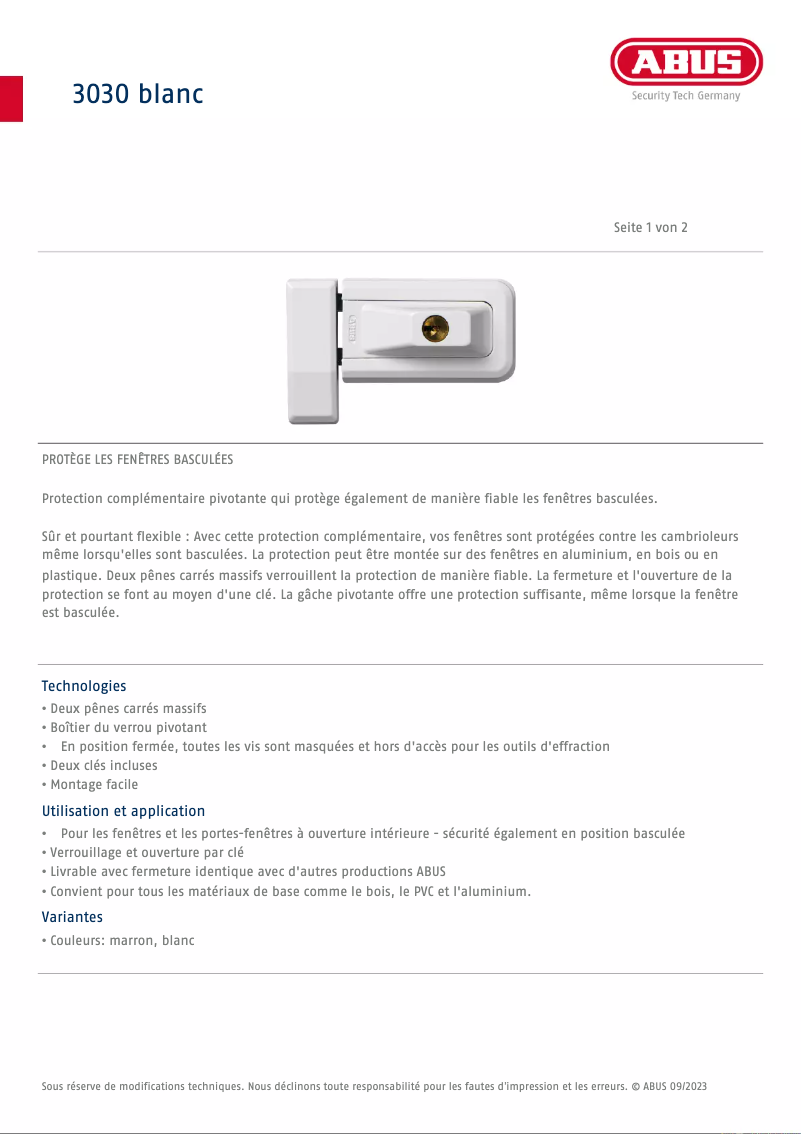 Page n°1 - Fiche technique Abus 3030