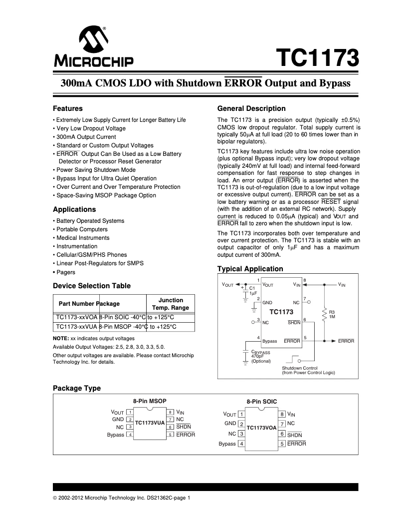 Page 1 de la notice Fiche technique Microchip TC1173