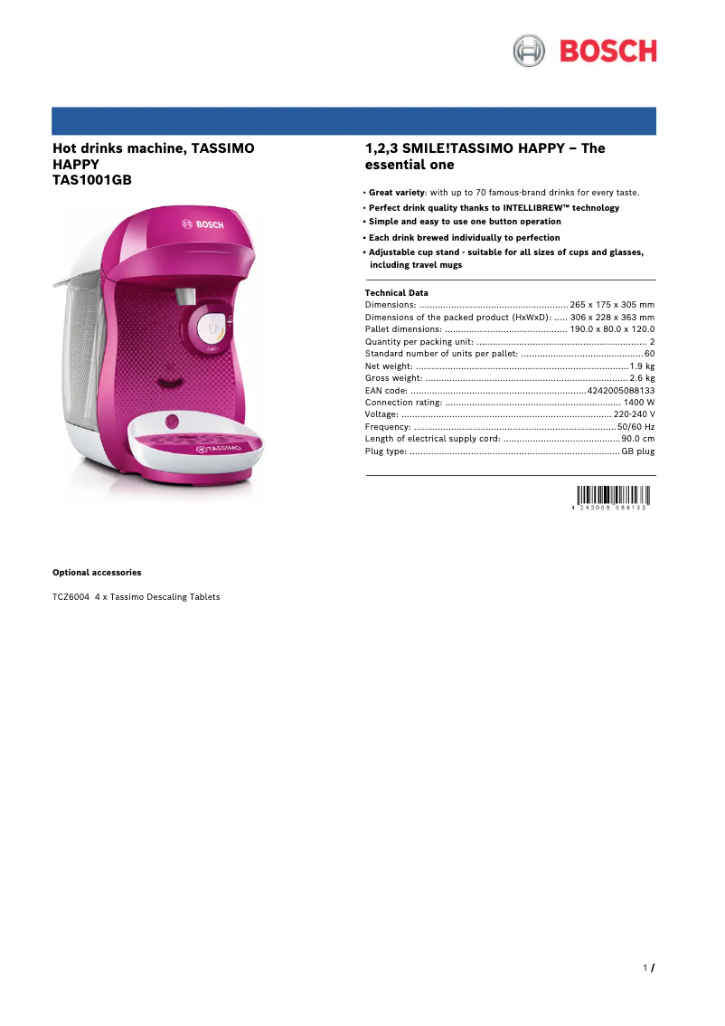 Page 1 de la notice Fiche technique Bosch Tassimo Happy TAS1001GB