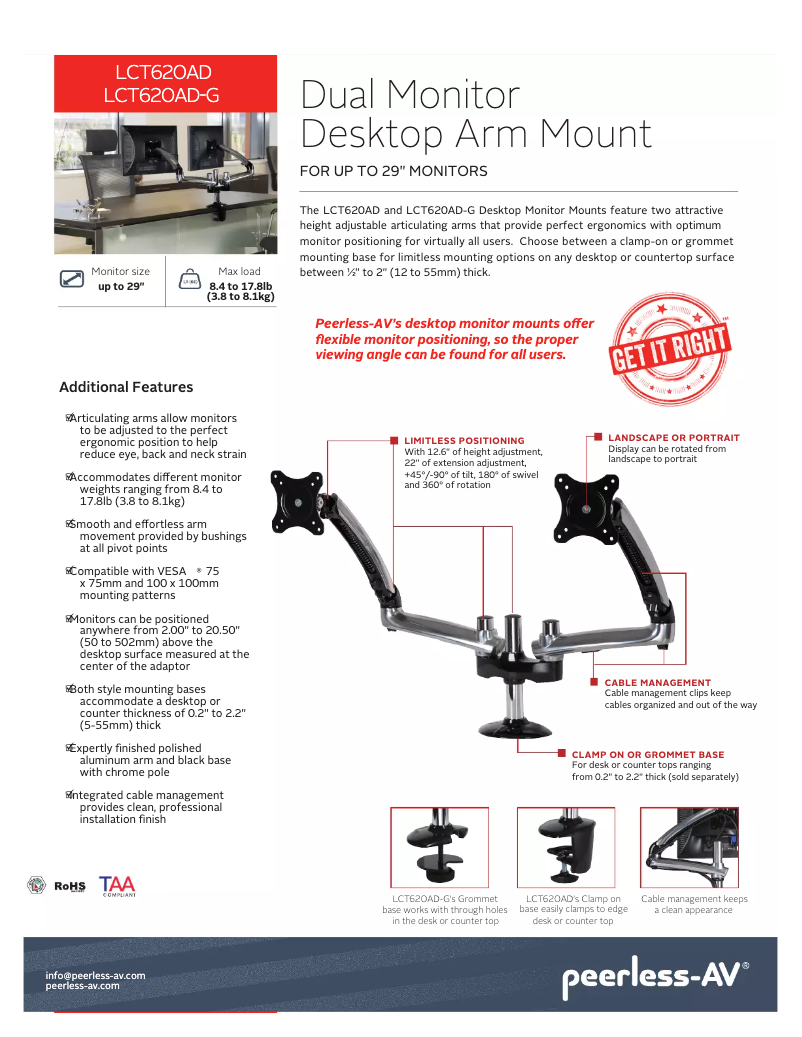 Page 1 de la notice Manuel utilisateur Peerless-AV LCT620AD