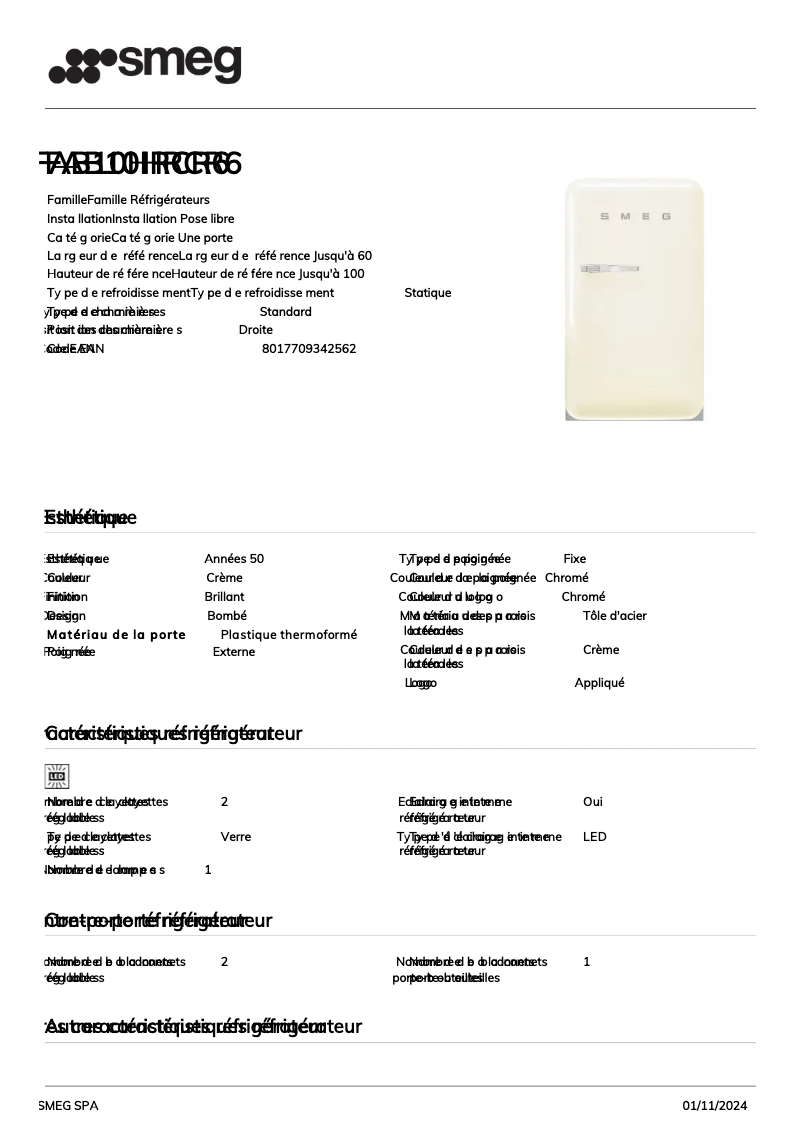 Page 1 de la notice Fiche technique Smeg FAB10HRCR6