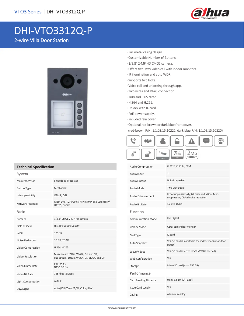 Page 1 de la notice Fiche technique Dahua Technology VTO3312Q-P