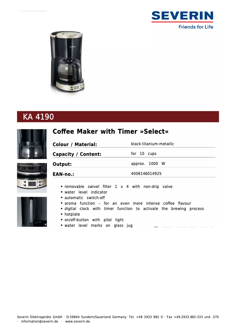 Page 1 de la notice Fiche technique Severin KA 4190
