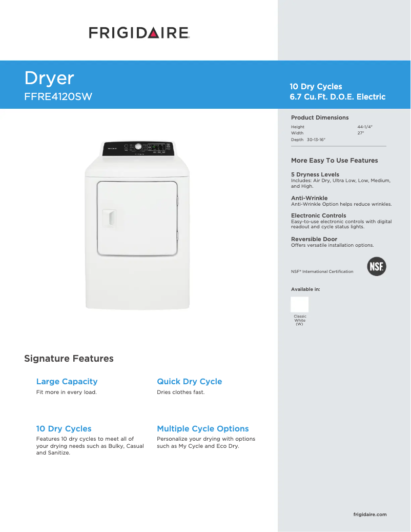 Page 1 de la notice Fiche technique Frigidaire FFRE4120SW