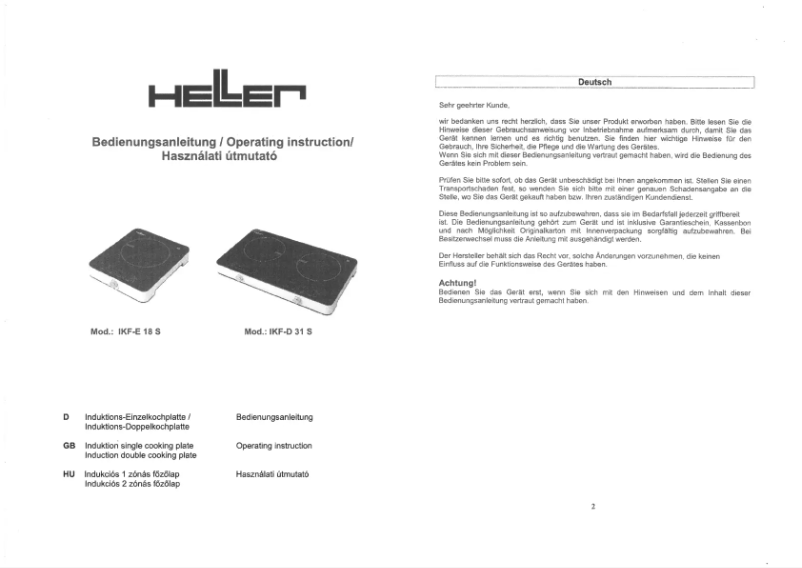 Página 1 del manual Manual de usuario Heller IKF-E 18 S
