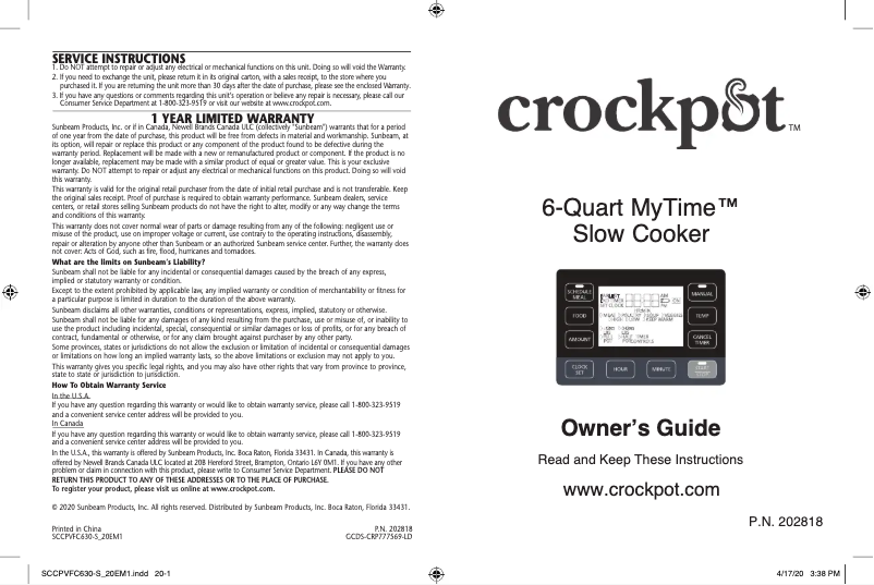 Page 1 de la notice Manuel utilisateur Crock-Pot 6-Quart MyTime SCCPVFC630-S-BR