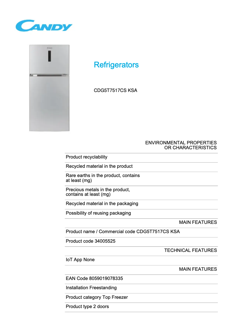 Page 1 de la notice Fiche technique Candy CDG5T7517CS KSA