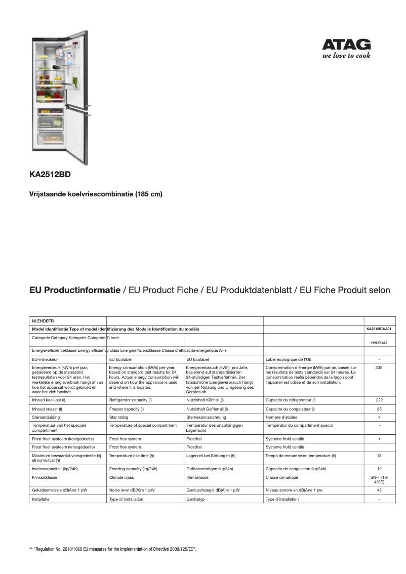 Page 1 de la notice Fiche technique Atag KA2512BD