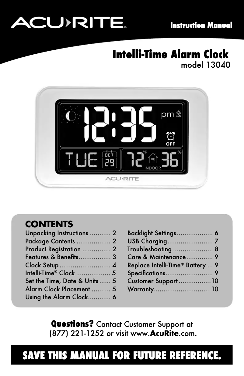 Page 1 de la notice Manuel utilisateur AcuRite Intelli-Time Alarm Clock 13040