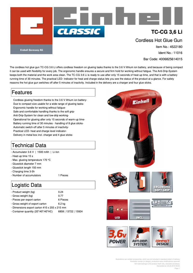 Page n°1 - Fiche technique Einhell TC-CG 3.6 Li
