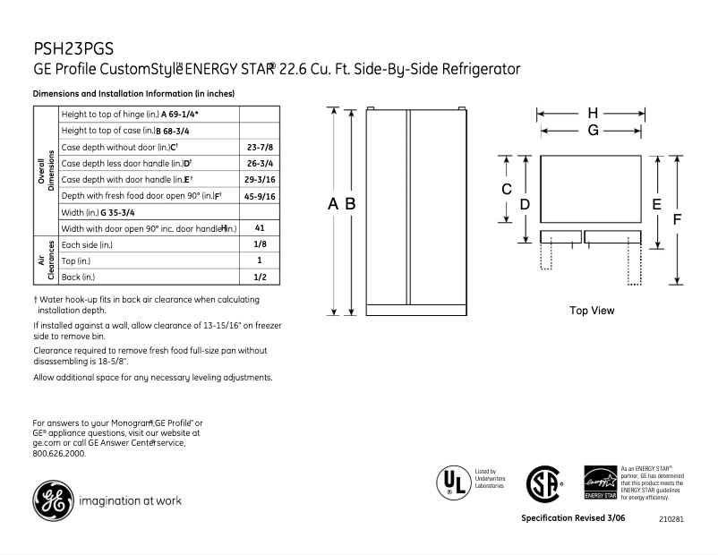 Page n°1 - Fiche technique GE Profile PSH23PGSCV