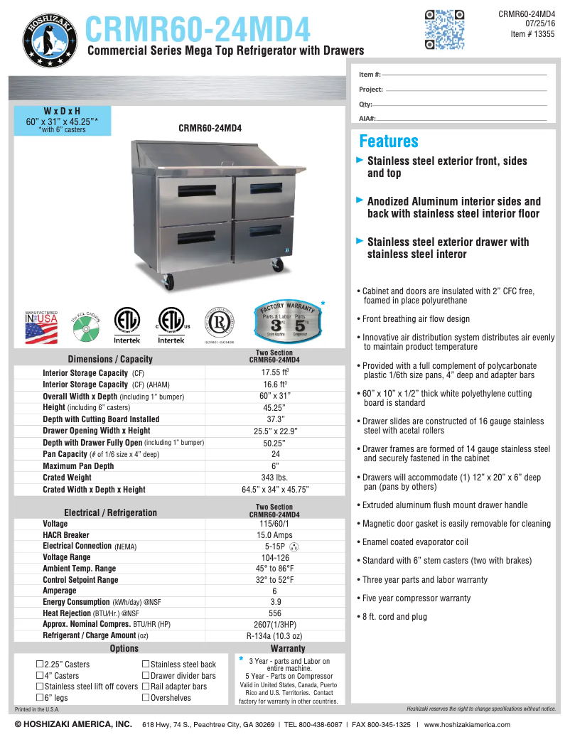 Page n°1 - Fiche technique Hoshizaki CRMR60-24MD4