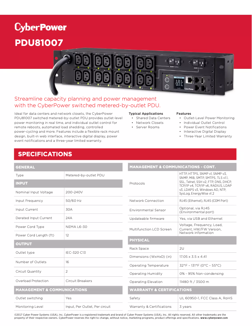Page 1 de la notice Fiche technique CyberPower PDU81007