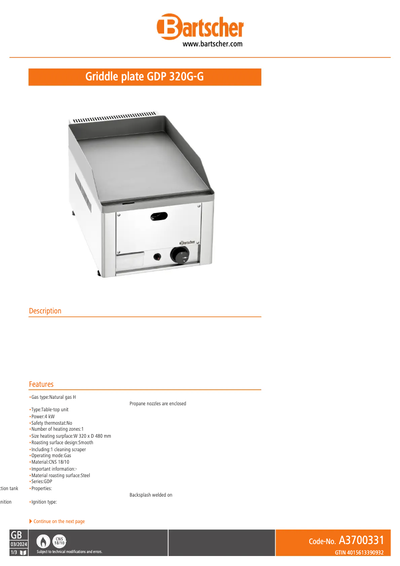 Page 1 de la notice Fiche technique Bartscher GDP 320G-G