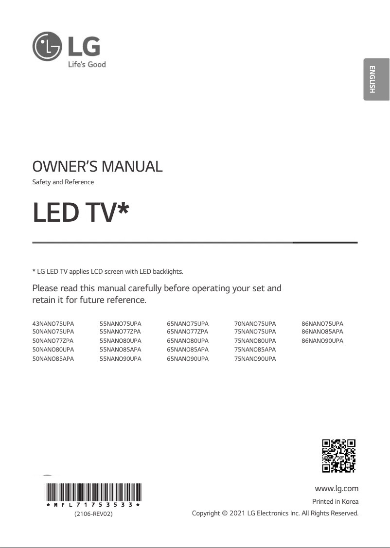 Page 1 de la notice Manuel utilisateur LG 75NANO80UPA