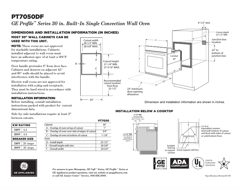 Página 1 del manual Ficha técnica GE Profile PT7050DFWW