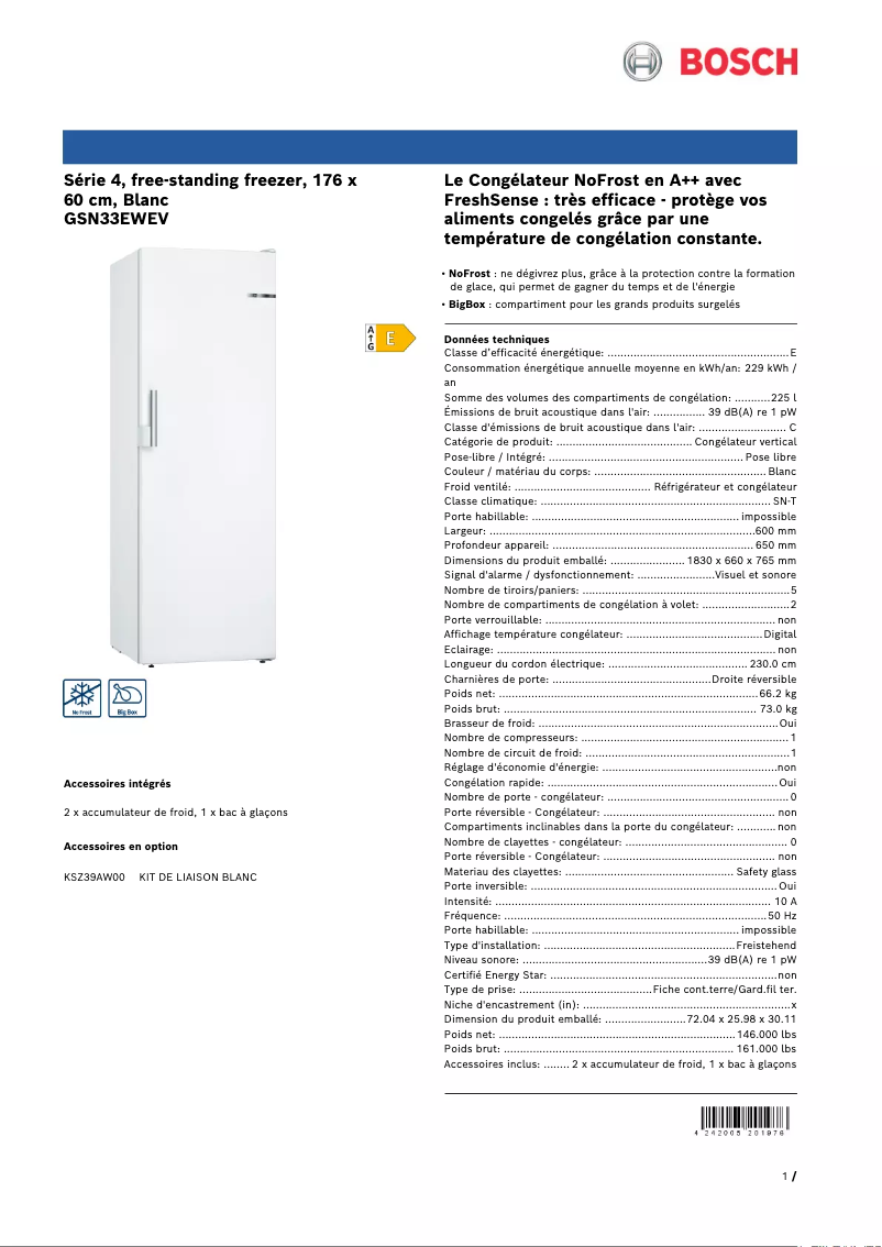Page 1 de la notice Fiche technique Bosch GSN33EWEV