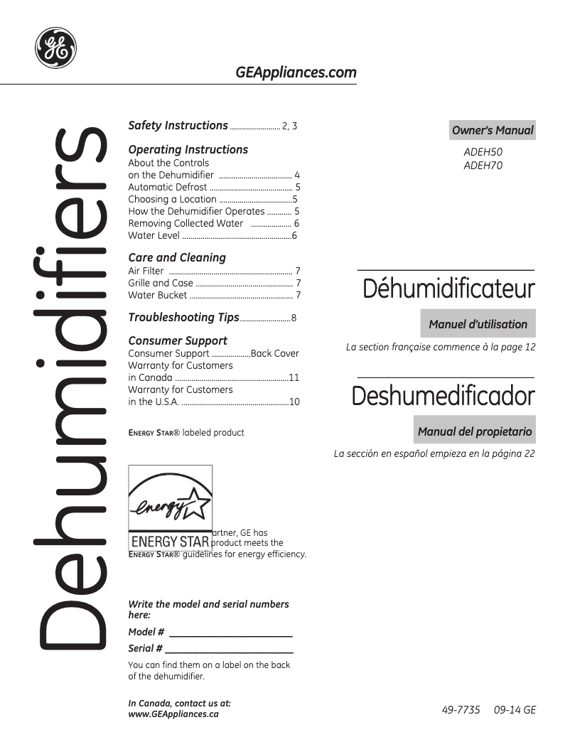 First page image of the manual for ADEH70LT
