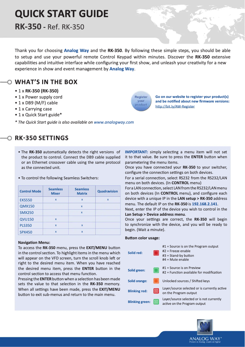 Page n°1 - Manuel utilisateur Analog Way RK-350